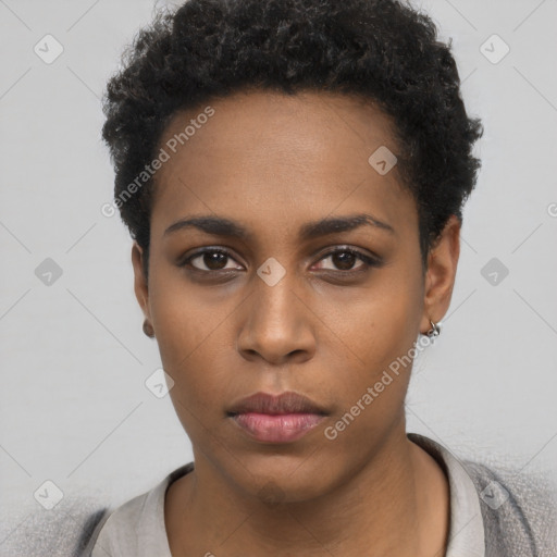 Neutral black young-adult female with short  black hair and brown eyes