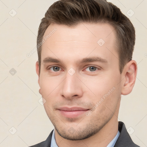 Neutral white young-adult male with short  brown hair and grey eyes