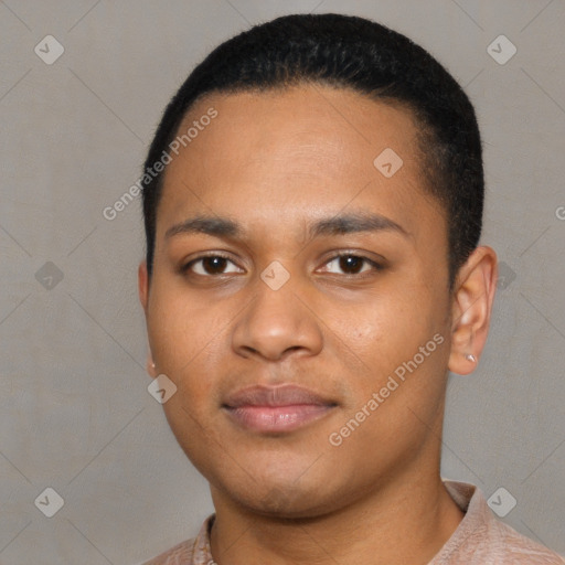 Neutral latino young-adult male with short  black hair and brown eyes