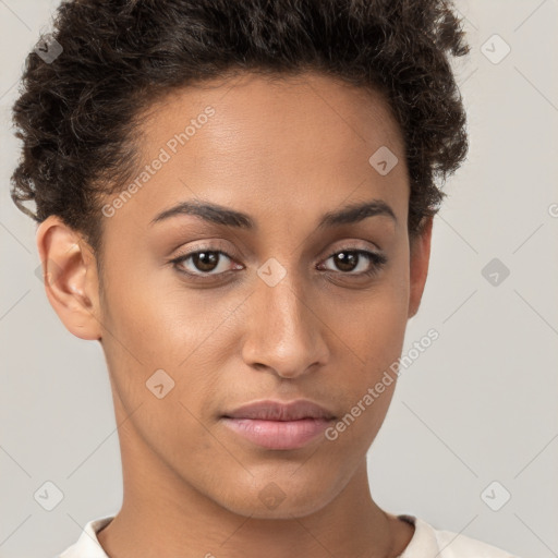 Neutral white young-adult female with short  brown hair and brown eyes