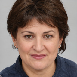 Joyful white adult female with medium  brown hair and grey eyes