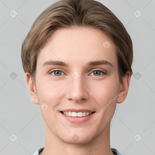 Joyful white young-adult female with short  brown hair and grey eyes