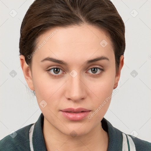 Neutral white young-adult female with medium  brown hair and brown eyes