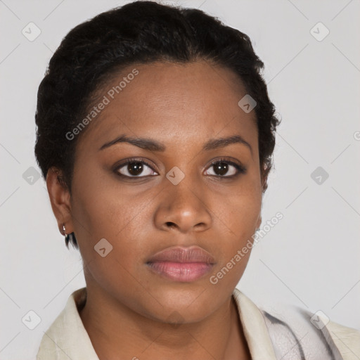 Neutral black young-adult female with short  black hair and brown eyes