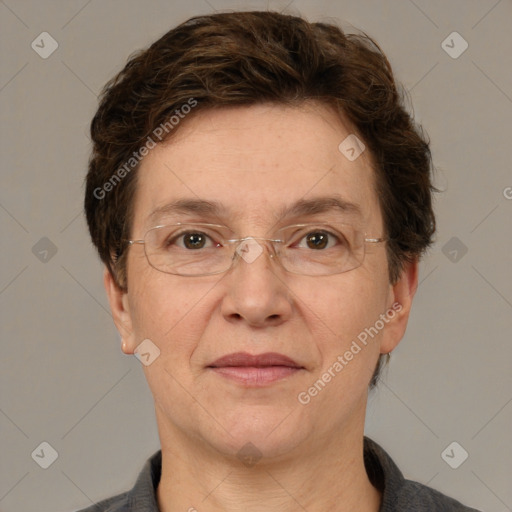 Joyful white adult female with short  brown hair and grey eyes