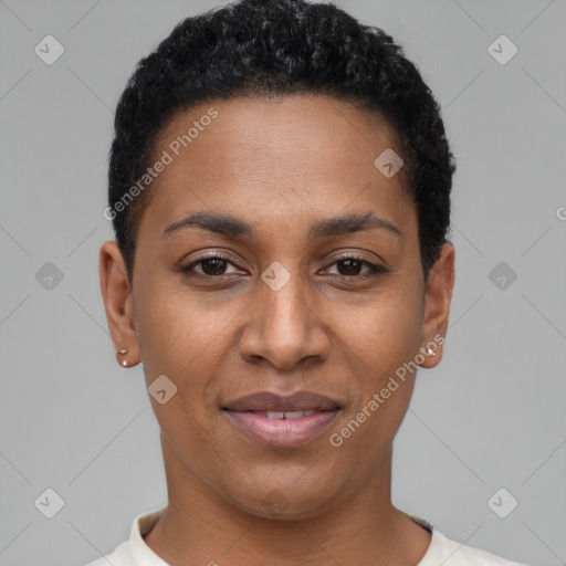 Joyful black young-adult female with short  black hair and brown eyes