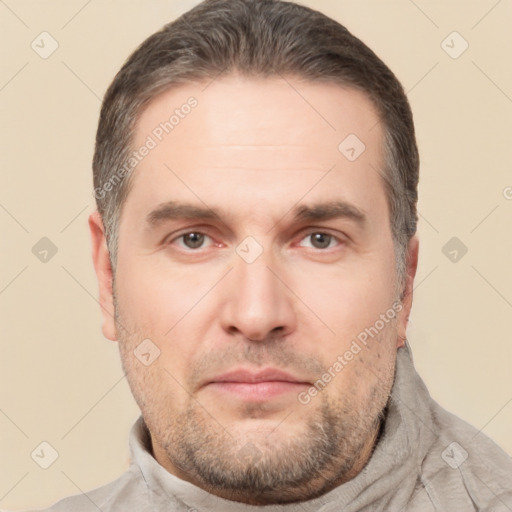 Neutral white adult male with short  brown hair and brown eyes