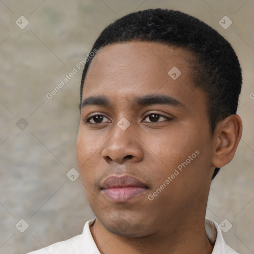 Neutral black young-adult male with short  black hair and brown eyes