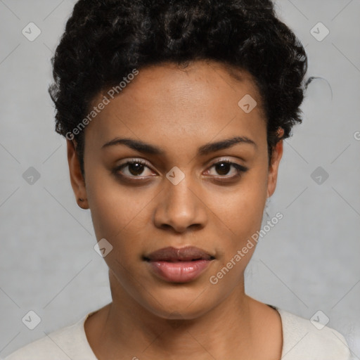 Neutral latino young-adult female with short  black hair and brown eyes