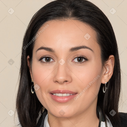 Joyful white young-adult female with long  black hair and brown eyes