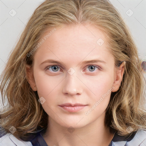 Neutral white young-adult female with medium  brown hair and blue eyes