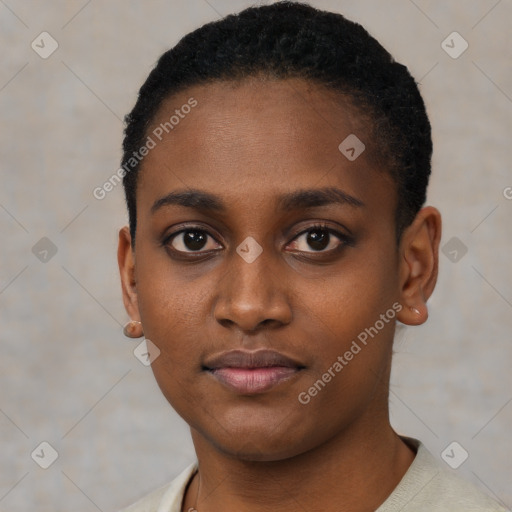 Neutral black young-adult female with short  black hair and brown eyes