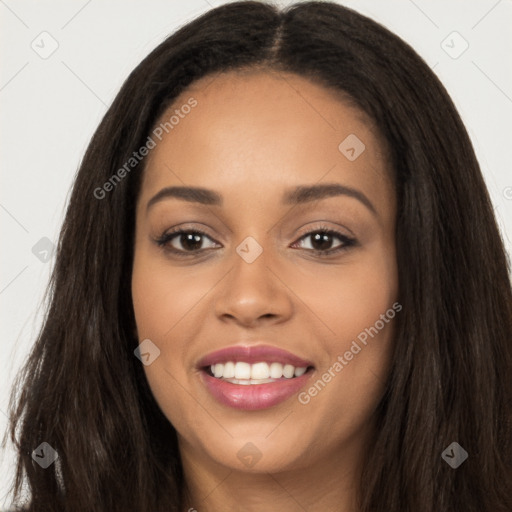 Joyful latino young-adult female with long  brown hair and brown eyes