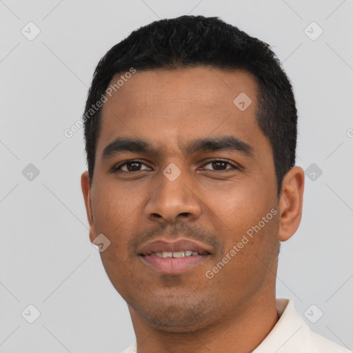 Neutral latino young-adult male with short  black hair and brown eyes