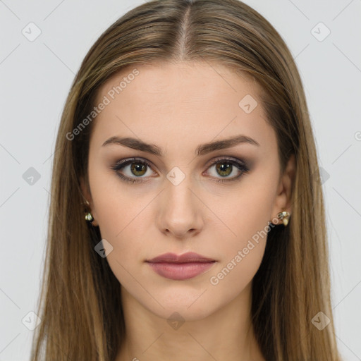 Neutral white young-adult female with long  brown hair and brown eyes