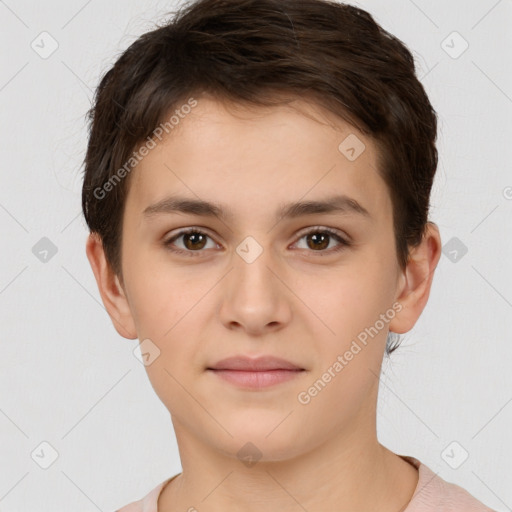 Neutral white young-adult female with short  brown hair and brown eyes