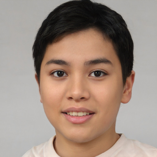 Joyful asian young-adult female with short  black hair and brown eyes