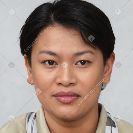 Joyful asian young-adult female with short  brown hair and brown eyes