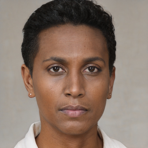 Neutral black young-adult female with short  brown hair and brown eyes