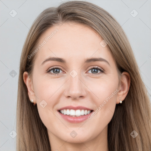 Joyful white young-adult female with long  brown hair and grey eyes