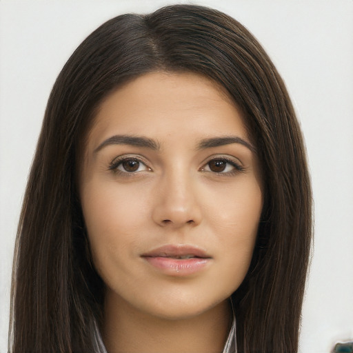 Neutral asian young-adult female with long  brown hair and brown eyes