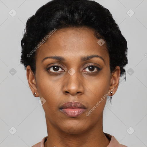 Neutral black young-adult female with short  black hair and brown eyes