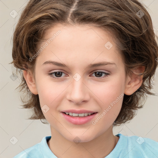 Joyful white child female with medium  brown hair and brown eyes