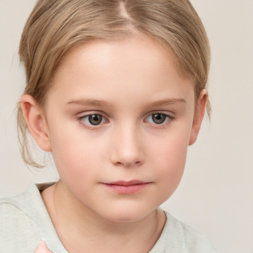 Neutral white child female with medium  brown hair and grey eyes