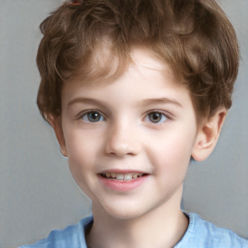 Joyful white child male with short  brown hair and grey eyes