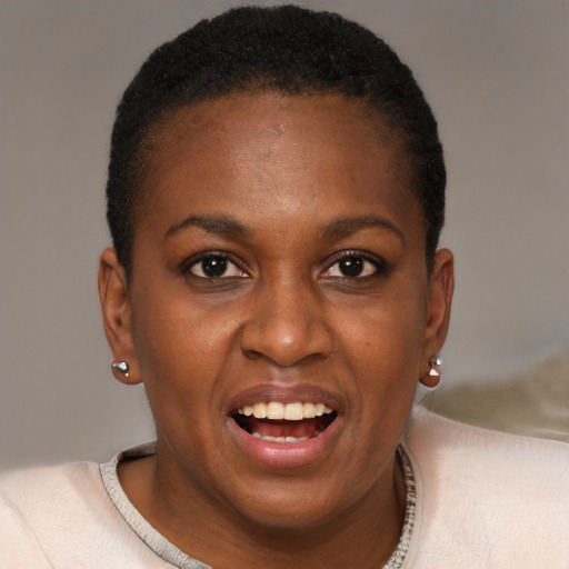 Joyful black young-adult female with short  brown hair and brown eyes