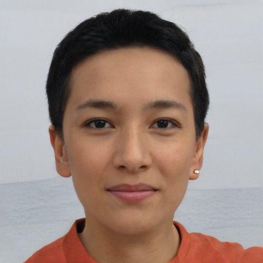 Joyful asian young-adult female with short  black hair and brown eyes