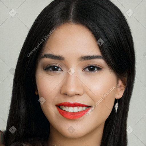 Joyful white young-adult female with long  black hair and brown eyes