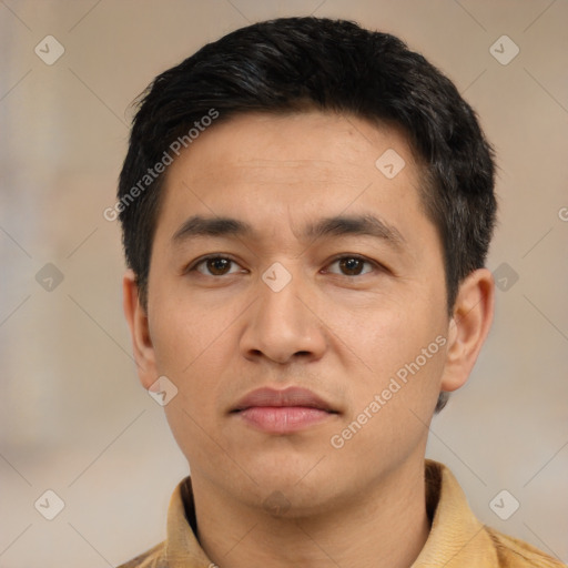 Neutral asian young-adult male with short  black hair and brown eyes