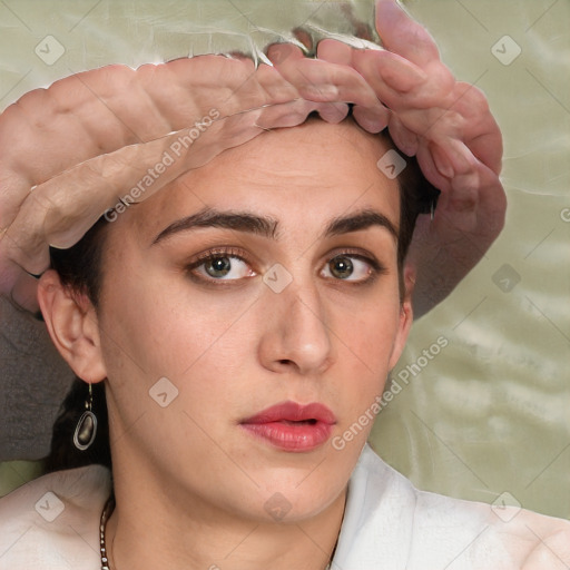 Neutral white young-adult female with short  brown hair and brown eyes