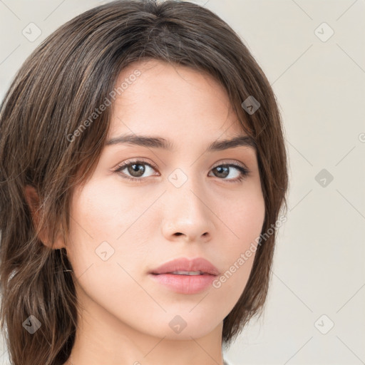 Neutral white young-adult female with medium  brown hair and brown eyes