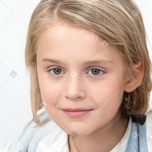 Joyful white child female with medium  brown hair and blue eyes