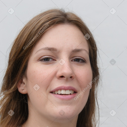 Joyful white young-adult female with long  brown hair and grey eyes