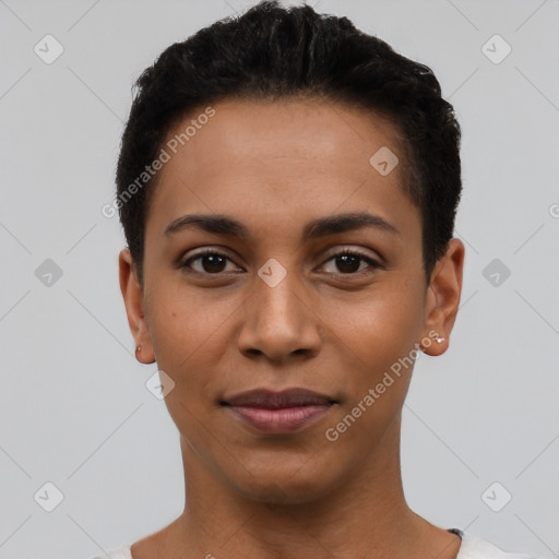 Joyful latino young-adult female with short  black hair and brown eyes