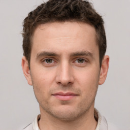 Neutral white young-adult male with short  brown hair and grey eyes