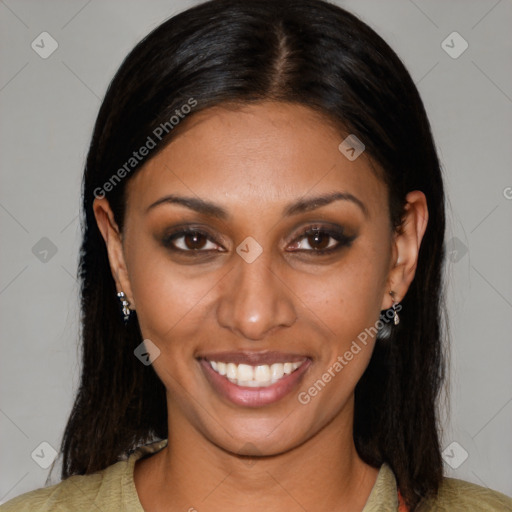 Joyful black young-adult female with medium  brown hair and brown eyes