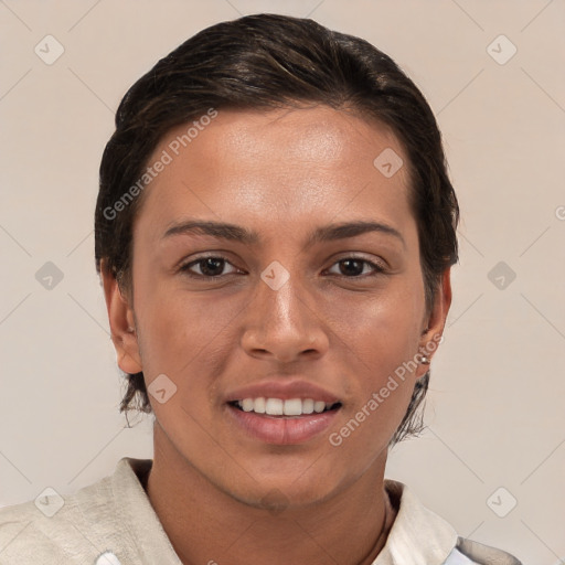 Joyful white young-adult female with short  brown hair and brown eyes