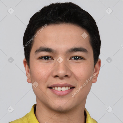 Joyful white young-adult male with short  black hair and brown eyes