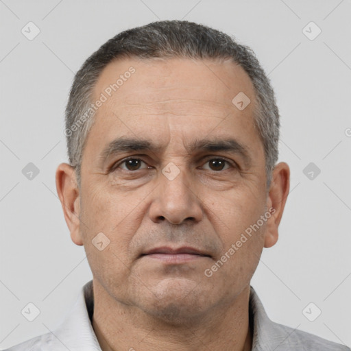 Neutral white middle-aged male with short  black hair and brown eyes