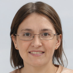 Joyful white adult female with medium  brown hair and grey eyes