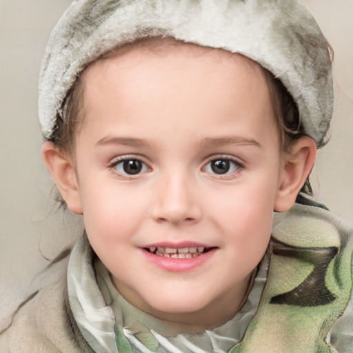 Joyful white child female with medium  brown hair and blue eyes