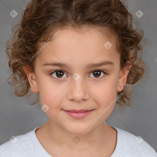 Joyful white child female with medium  brown hair and brown eyes