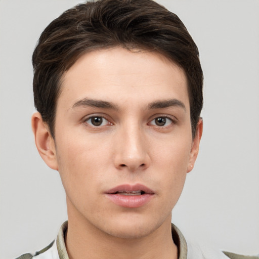 Neutral white young-adult male with short  brown hair and brown eyes