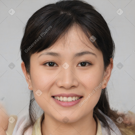 Joyful white young-adult female with medium  brown hair and brown eyes