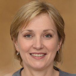 Joyful white adult female with medium  brown hair and grey eyes