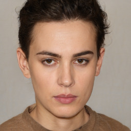 Neutral white young-adult female with short  brown hair and brown eyes